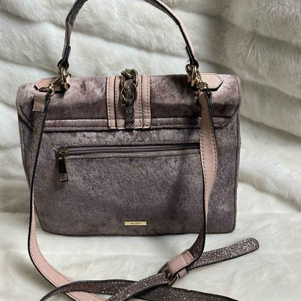 Aldo rose gold glitter &light brown velvet satchel/shoulder bag gold tone accent